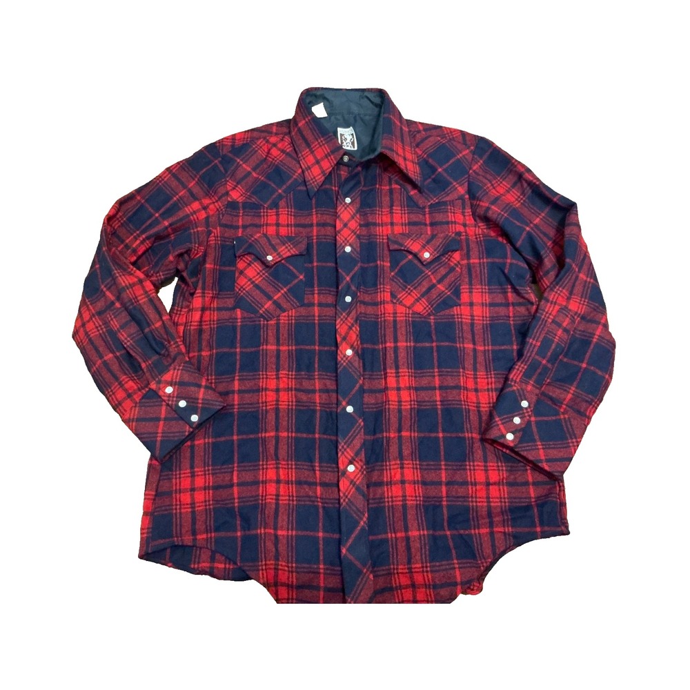 Karman Flannel Buffalo Check Vintage Western Long Sleeved Pearl Snap Shirt Sz L